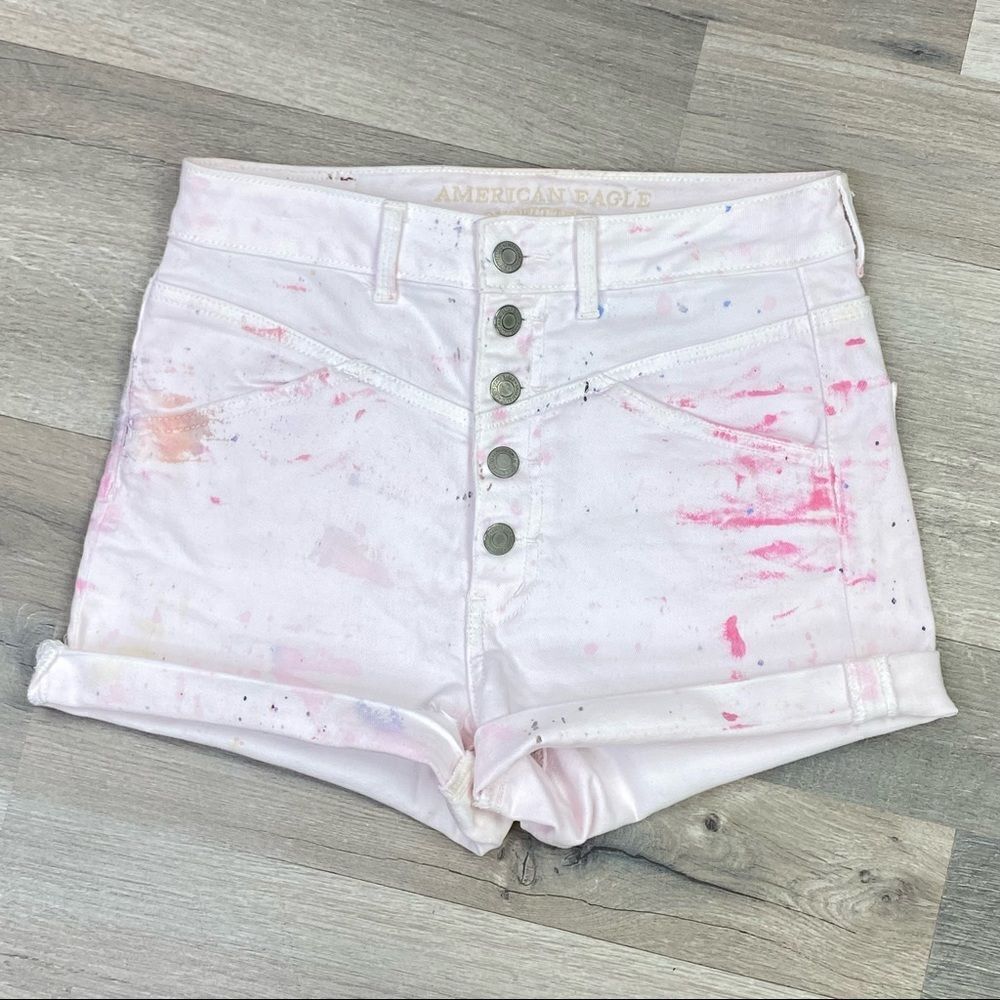 American Eagle Outfitters Paint Splatter Exposed Button Fly High Rise Jean Short